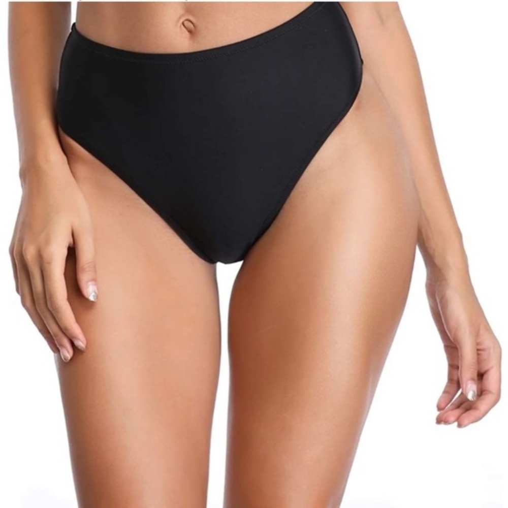 Relleciga size L black high leg high waisted pull on stretch bikini swim bottoms